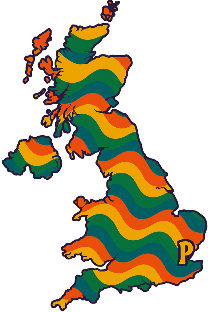 Stylised map of the UK filled with PackDaddy's signature wavy colours, highlighting the South East base.