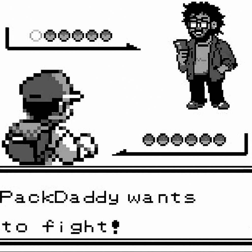 Pixel art battle screen inspired by classic Pokémon games, showing PackDaddy as a retro trainer, representing early playground nostalgia.