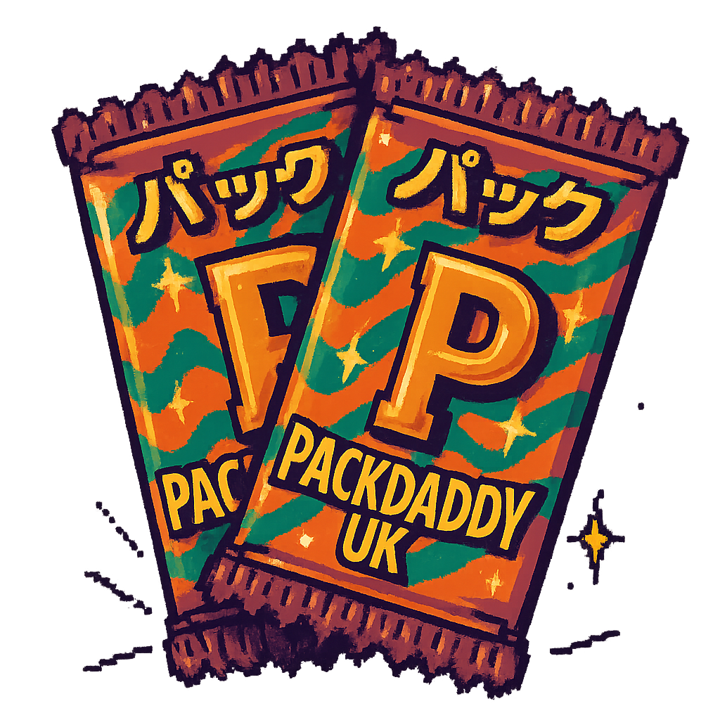 Colourful pixel art booster packs with PackDaddy branding and Japanese text, symbolising passion for authentic packs and starting the business.