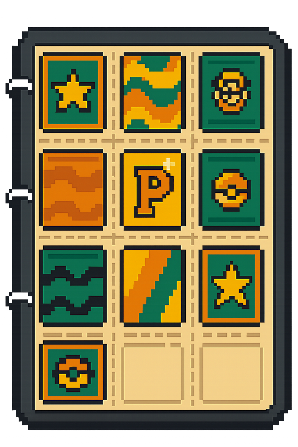 Pixel art binder with wavy PackDaddy-themed cards, showing a fun and inclusive collector community vibe.