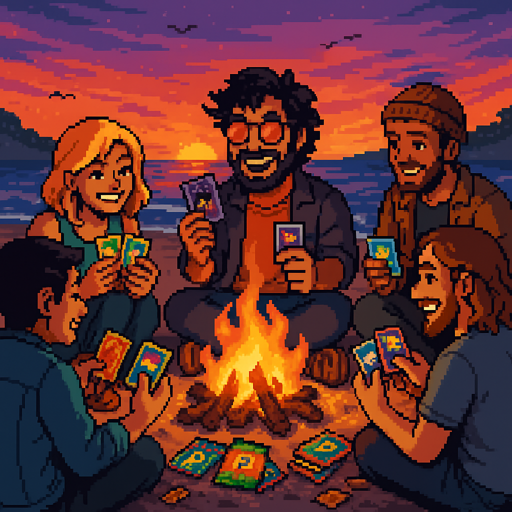 Pixel art scene of PackDaddy and friends trading cards around a beach campfire at sunset, symbolising community and shared passion.
